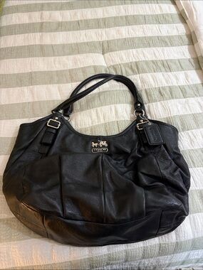 Coach Black Leather Shoulder Bag with Signature Plaque